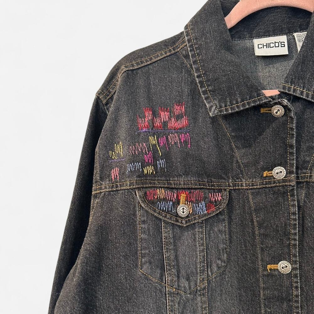 Chico’s Oversized Embroidered Black Denim Jean Jacket - Picture 9 of 12